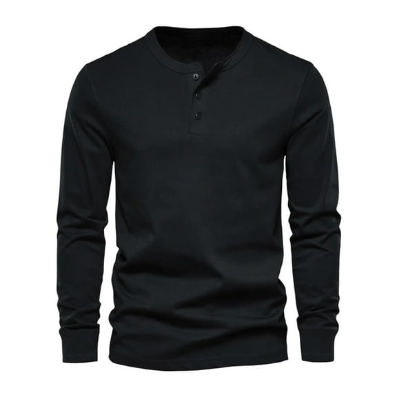 Sentmoon Button Mens Shirts Long Sleeve Crew Neck Mens Undershirts Solid Color Pullover Fashion Regular Active Mens Shirts Black M