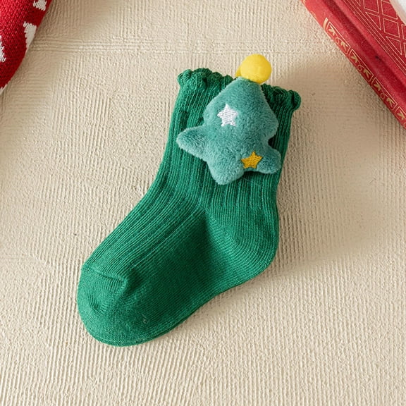 SYMOID Female Kids Soft Cotton Green Christmas Crew Socks with 3D Plush Tree & Ruffled Cuff - Kids to Pre-Teen Holiday Stocking Stuffer,Size 1 T