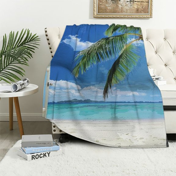 JRXY Ocean Beach Throw Blanket Tropical Palm Trees for Dad Father Summer Island Seaside View Decor Sea Scenery Blue Sky Wood Window Room Decoration Soft Plush Throw White