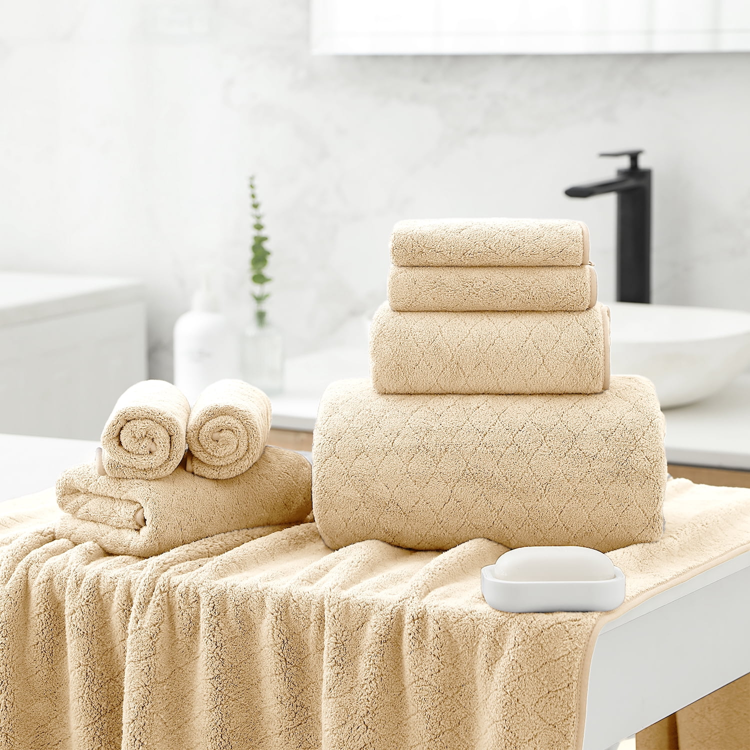 Smuge 18 pcs Bath Towel Sets, Include 6 Bath Sheet Towels, 6 Hand Towels, 6 Washcloths, Soft Microfiber Highly Absorbent Shower Towel for Bathroom Gym Spa(Apricot Yellow)