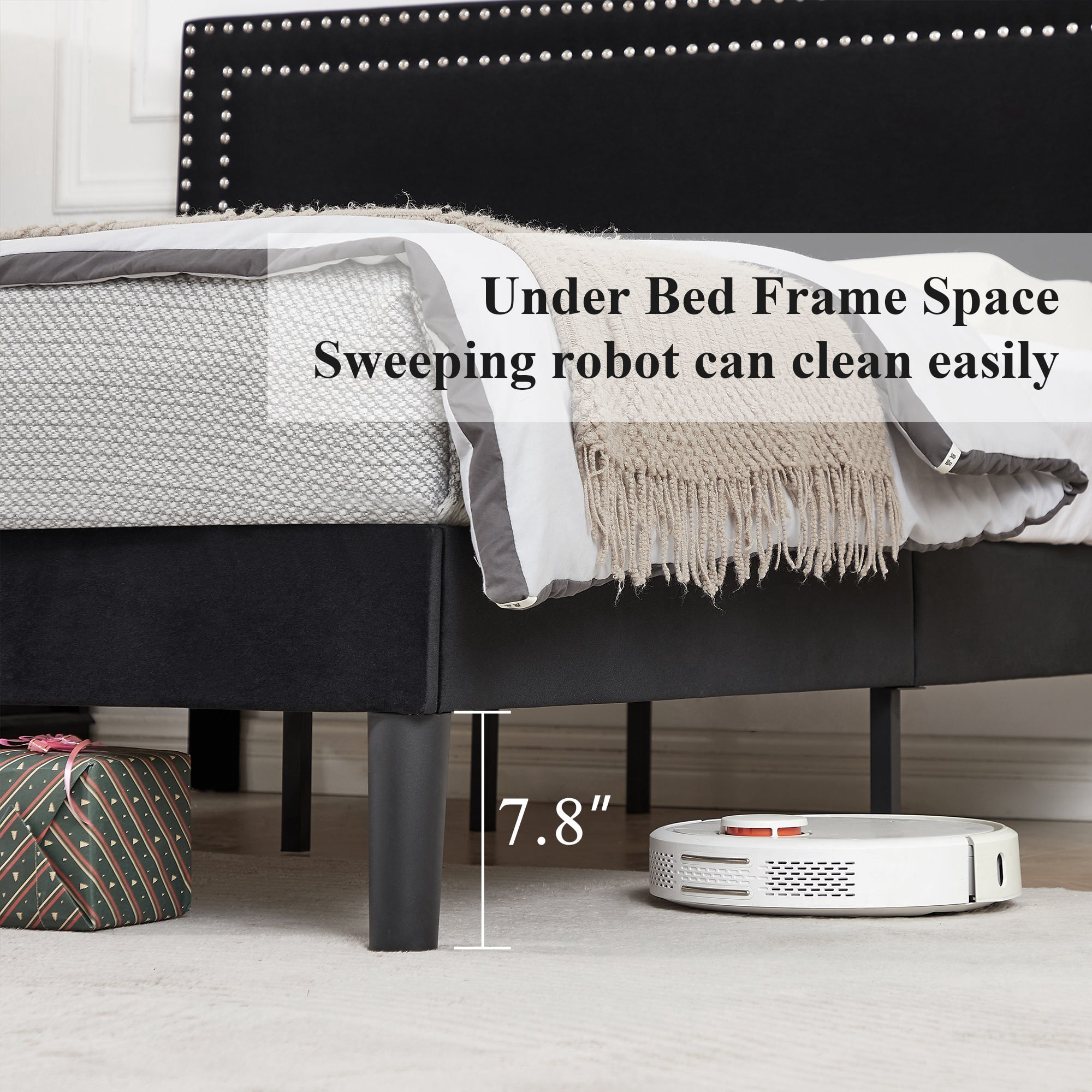 VECELO Queen Size Platform Bed Frame, Modern Upholstered Bed Frame with Adjustable Height & Nailhead Trim Headboard, No Box Spring Needed, Easy Assembly, Black