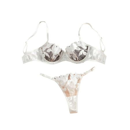 SkyAuks Lingerie for Women  Teddy Lingerie  Women s 2 Pieces Floral Embroidery Mesh Underwire Bra and Thong Lingerie Set  Lace Mesh Underwire Push up Lingerie Set  White(XL)