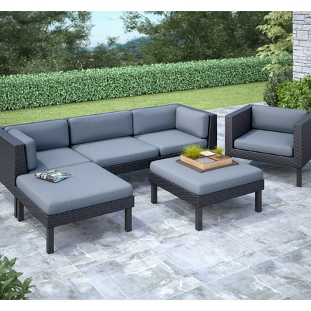 CorLiving Oakland 6pc Sofa with Chaise Lounge and Chair Patio Set, Dove Grey Cushions