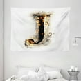 thumbnail image 1 of Letter J Tapestry, Majuscule J Burning Effects Retro Alphabet English Gothic Influence Image, Wall Hanging for Bedroom Living Room Dorm Decor, 80W X 60L Inches, Tan Black Yellow, by Ambesonne, 1 of 2