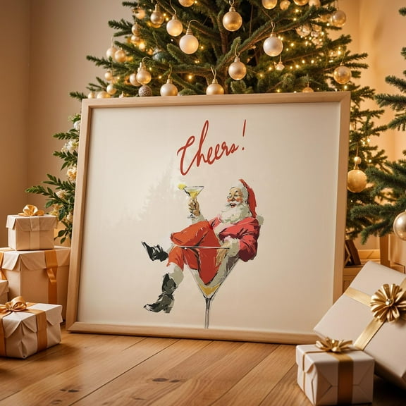 PosterArt Retro Santa Cheers Poster, Mid-Century Cocktail Bar Cart Wall Art, Vintage Festive Holiday Print, 8x12 UNFRAMED
