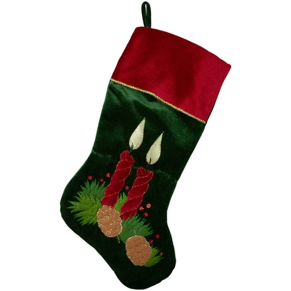 Northlight 20" Dark Green and Burgundy Candle and Pine Cone Velveteen Christmas Stocking