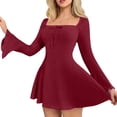 thumbnail image 3 of Stichou Women's Long Sleeve Ribbed Knit Short Dresses 2026 Spring Square Neck A-Line Casual Wedding Guest Winter Sweater Dress Wine 2XL, 3 of 6