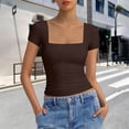 thumbnail image 4 of Htigea Women's Square Neck Crop Tops Short Sleeve Slim Fitted Summer Basic T Shirts for Going Out Brown M, 4 of 7