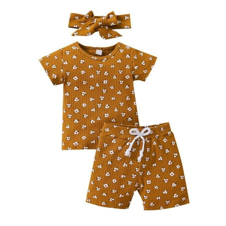 

ZCFZJW Unisex Toddler Baby Boy Girl Summer Clothes Short Sleeve T-Shirt Tops+Short Pants Ribbed Two Piece Floral Print Outfit Set with Bowknot Headbands Brown 12-18 Months