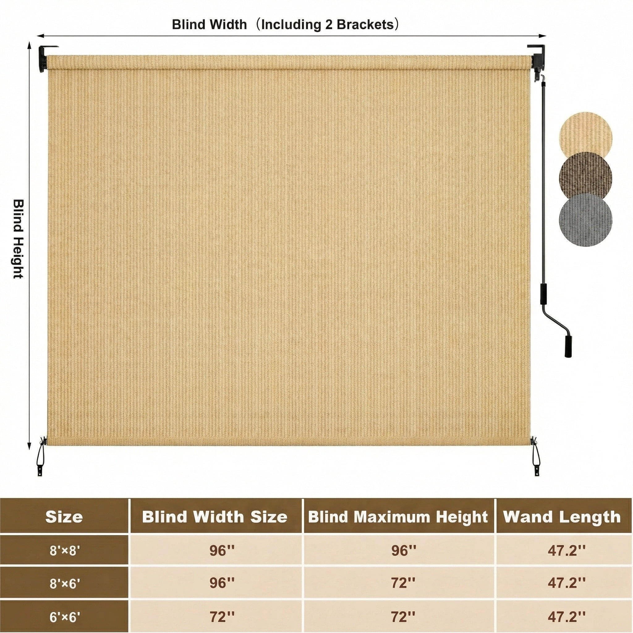 LIFERUN Outdoor Roller Sun Shade 6'W x 6'H, HDPE Shade Cloth & Aluminum Tube, Easy Install for Outdoor Pergola, Porch, and Garden (Sesame)