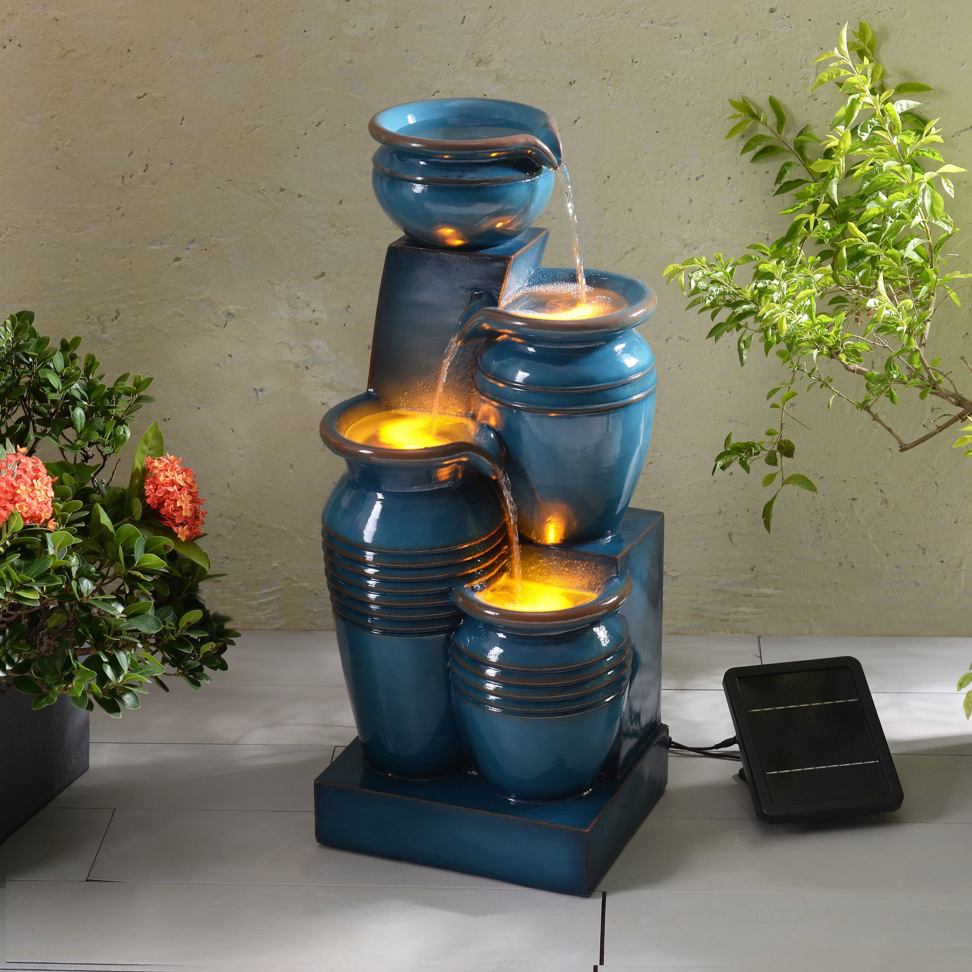 Teamson Home Outdoor 4-Tier Cascading Bowl Solar Water Fountain with LED Lights, Blue