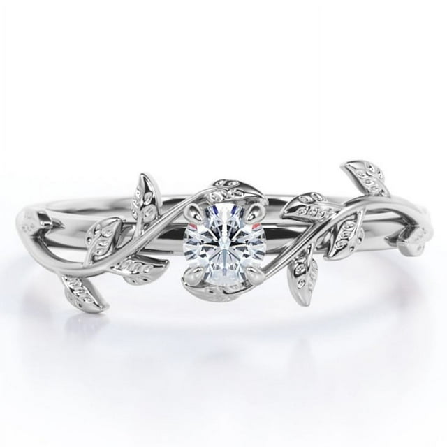 JeenMata Anillo de Compromiso con Diseño de Hoja de Árbol de Moissanita Redonda con Bisel Solitario de 0,5 Quilates en Baño de Oro Blanco de 18 K sobre Plata