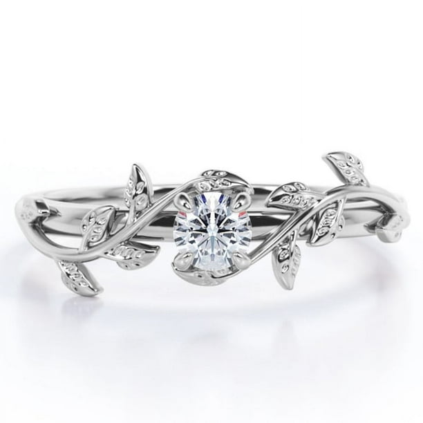 JeenMata Anillo de Compromiso con Diseño de Hoja de Árbol de Moissanita Redonda con Bisel Solitario de 0,5 Quilates en Baño de Oro Blanco de 18 K sobre Plata