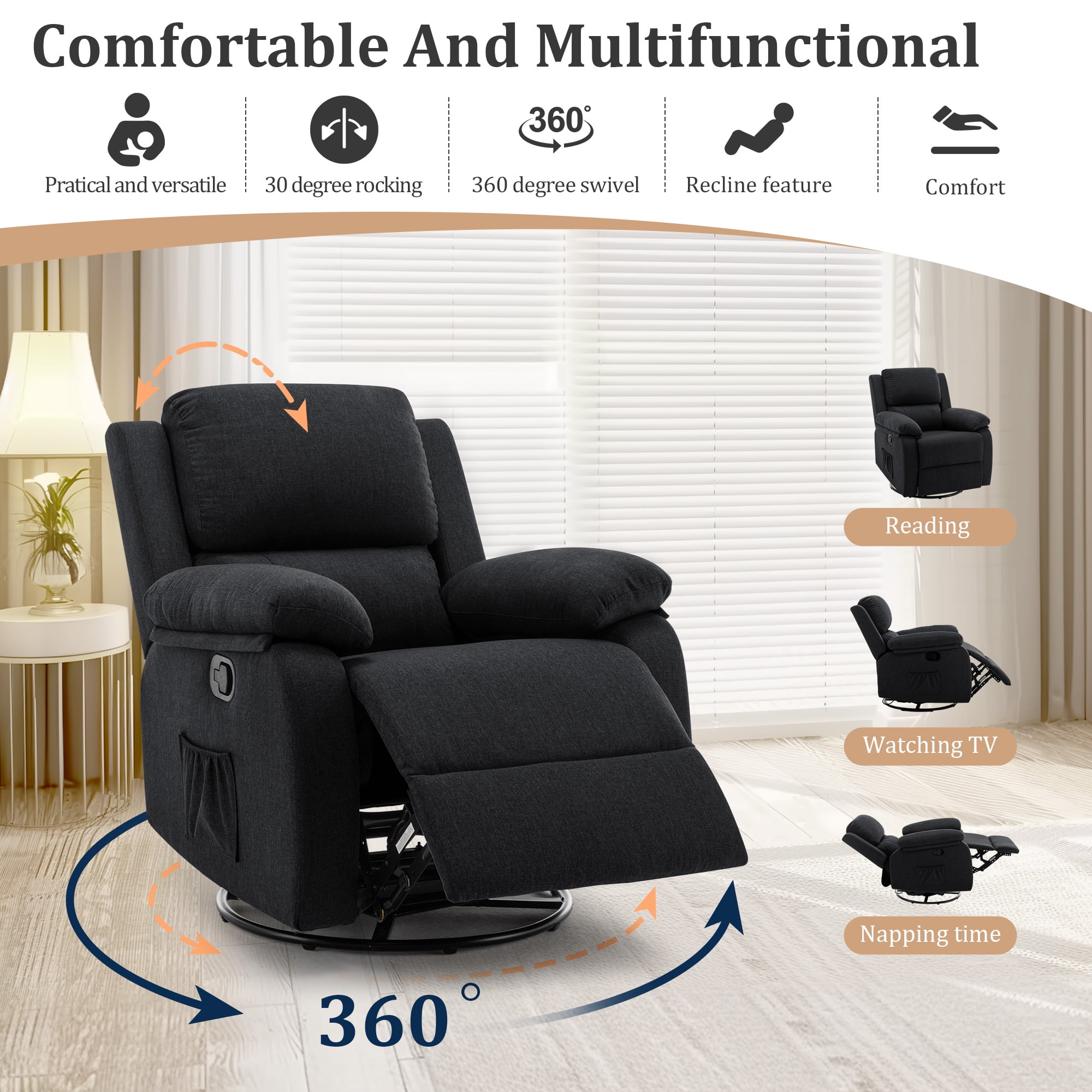 Korser Swivel Rocker Small Recliner Chair for Small Spaces for Living Room,Nursery,Black