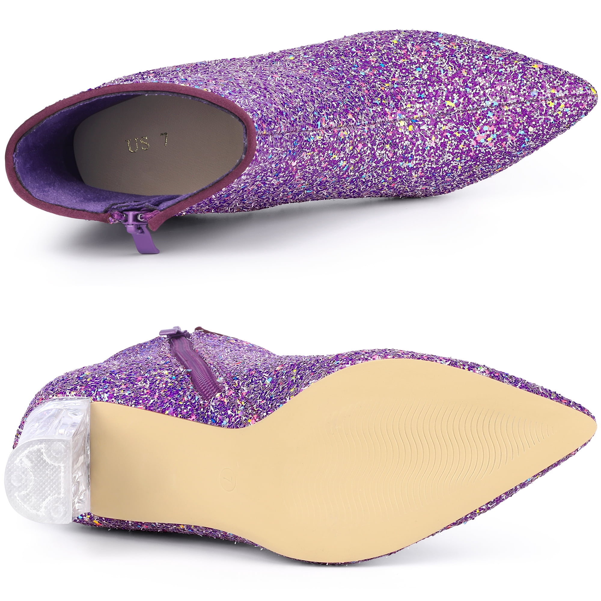 DARING DIVA Clear Block Heel Glitter Prom Ankle Booties Purple 9.5