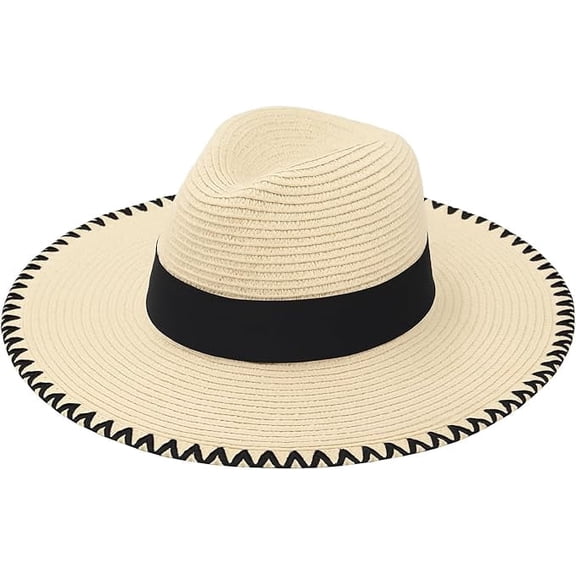 Floppy Synthetic Women’s Wide Brim Straw Sun Hat with Black Band – Foldable Summer Beach Hat for UV Protection