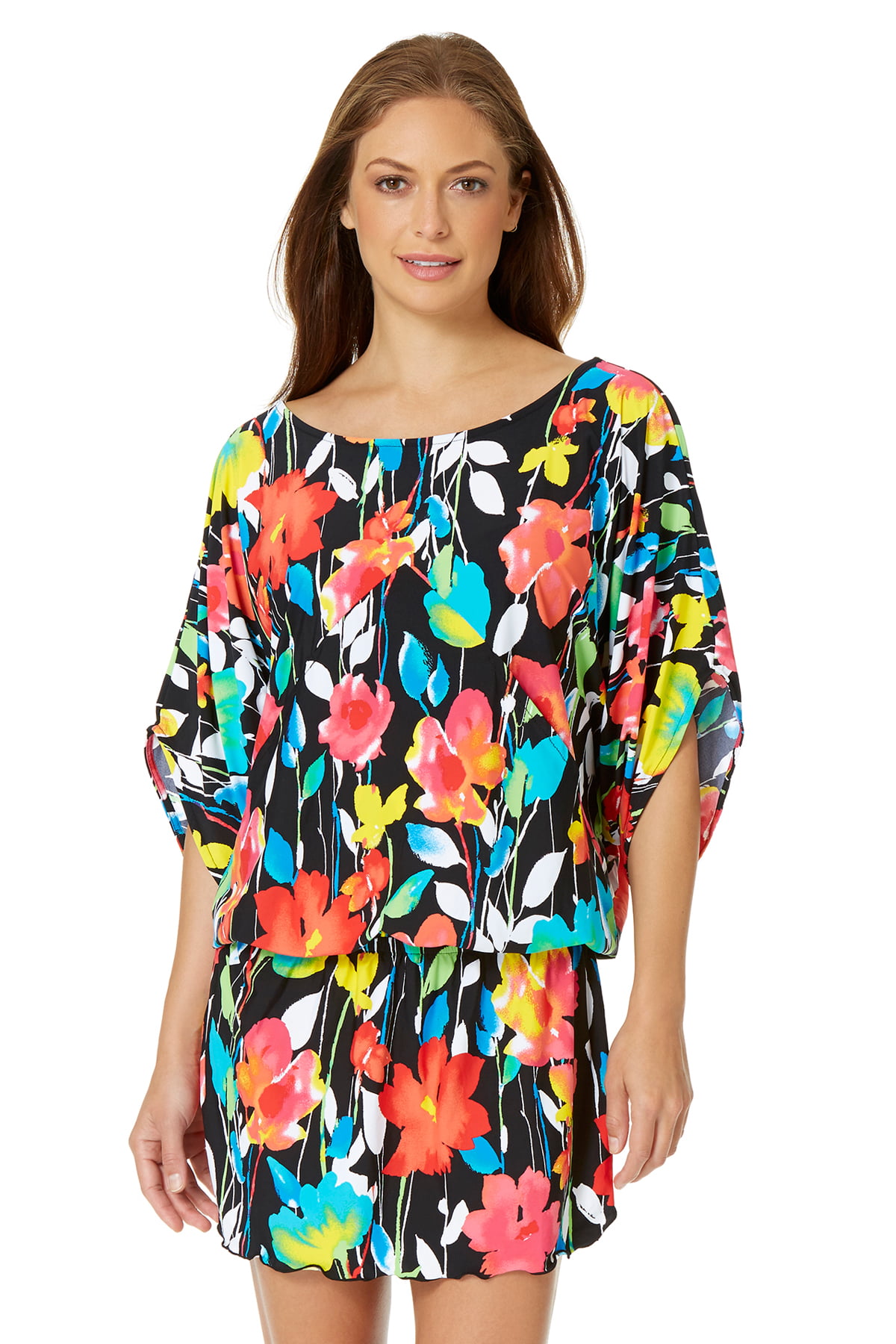 Anne Cole Women's Growing Floral Kangaroo Pouch Caftan Swim Cover Up ...