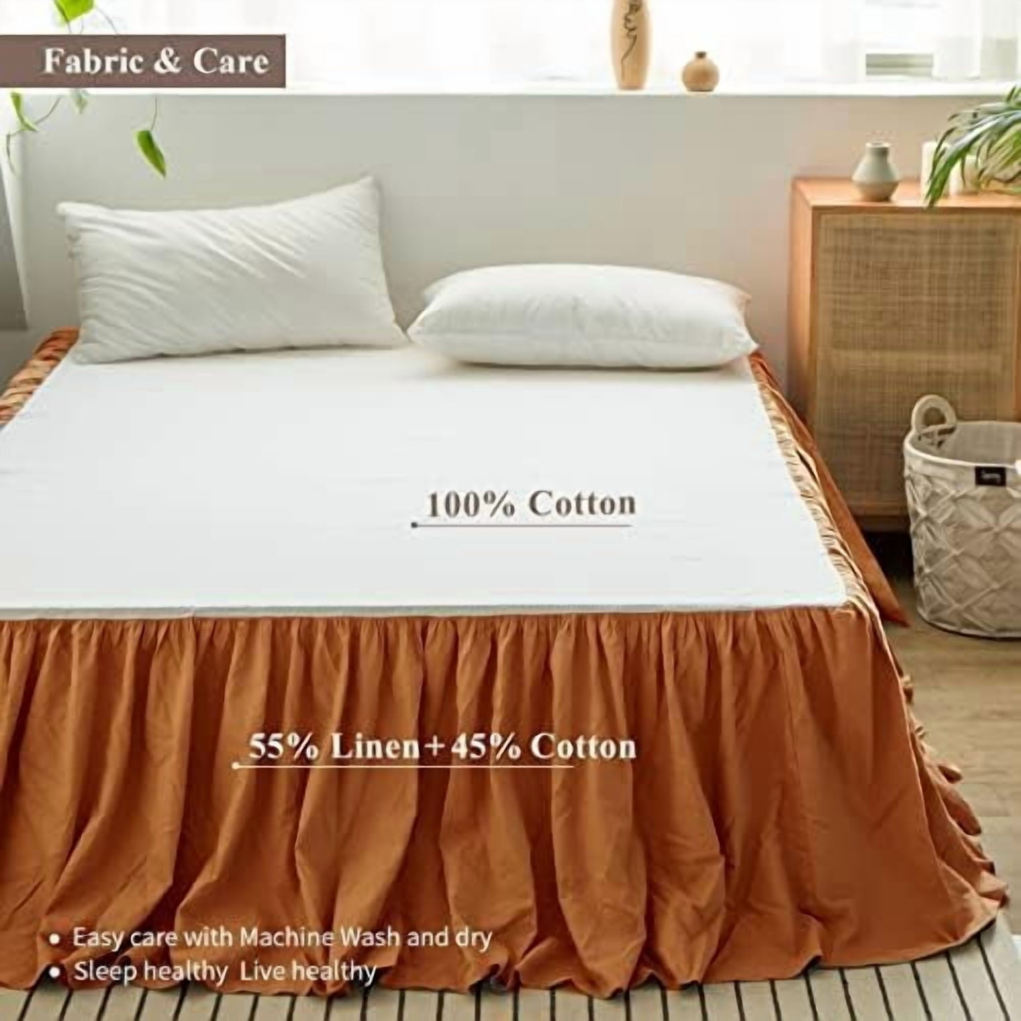 French Linen Bed Skirt with Pleated Frills 14-Inch Tailored Drop Natural Flax Cotton Blend Dust Ruffle Soft Cozy Farmhouse Bedding (14" Twin, Rust)
