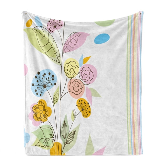 Dandelion Soft Flannel Fleece Throw Blanket, Colorful Wildflowers with Line Art Design Abstract Composition Gentle Nature, Cozy Plush for Indoor and Outdoor Use, 50" x 60", Multicolor, by Ambesonne