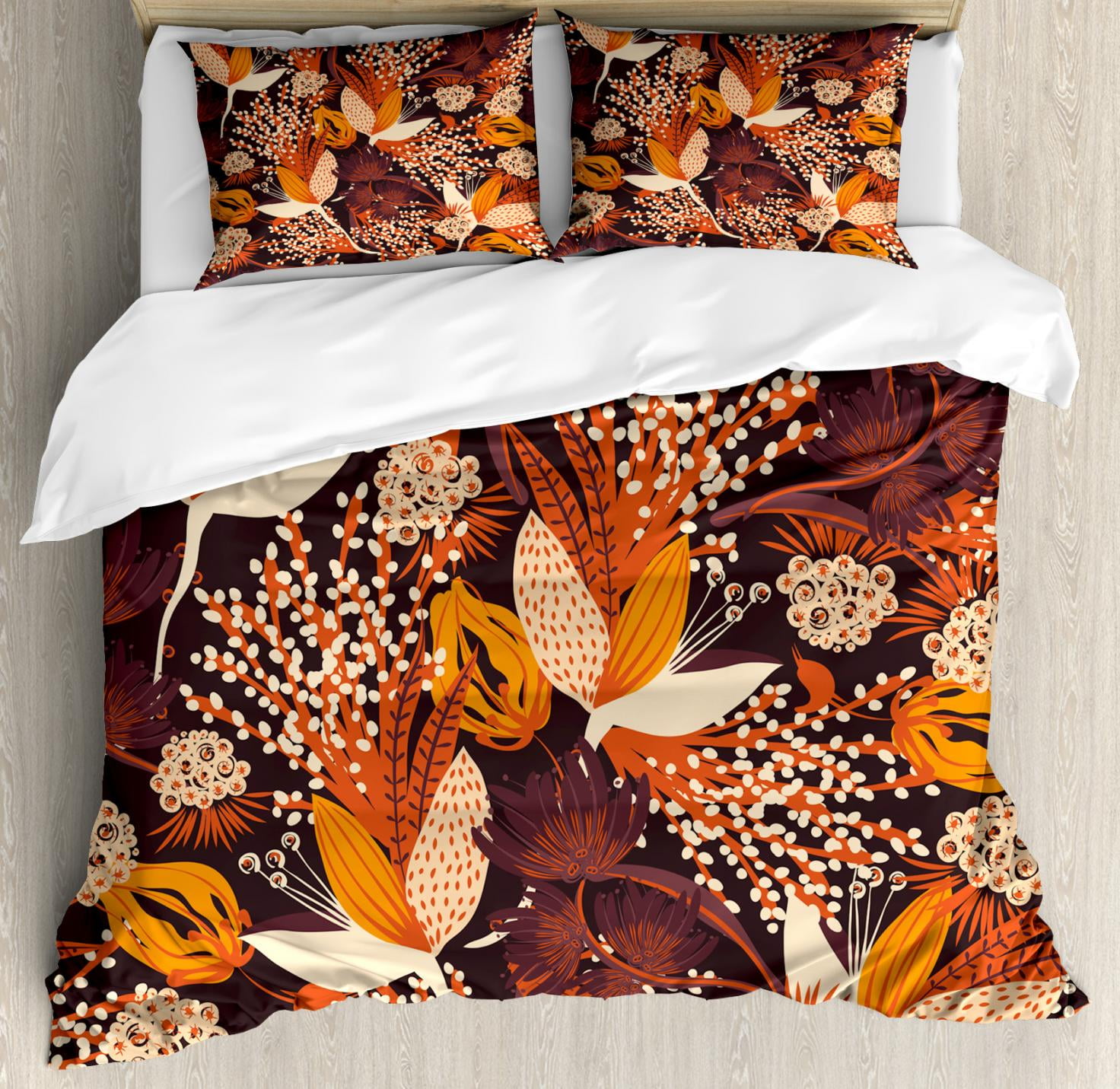 Autumn Duvet Cover Set Queen Size, Fall Season Bouquet Leaves Artistic