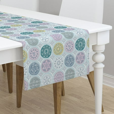- Table Runner Medallions Geometric Gray Pastel Circles Pink Aqua Cotton Sateen