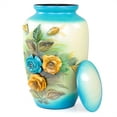 thumbnail image 3 of 11" 3D Carved Decorative Flowers Aluminum Metal Cremation Urns for Human Ashes | Hand-Crafted Large Urn for Adult Cremation (Teal Blue), 3 of 3