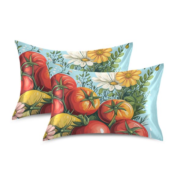 Yayeee Pillowcase Standard Size Set of 2 Satin Wrinkle Resistant Pillow Case, Orange Floral Tomatoes