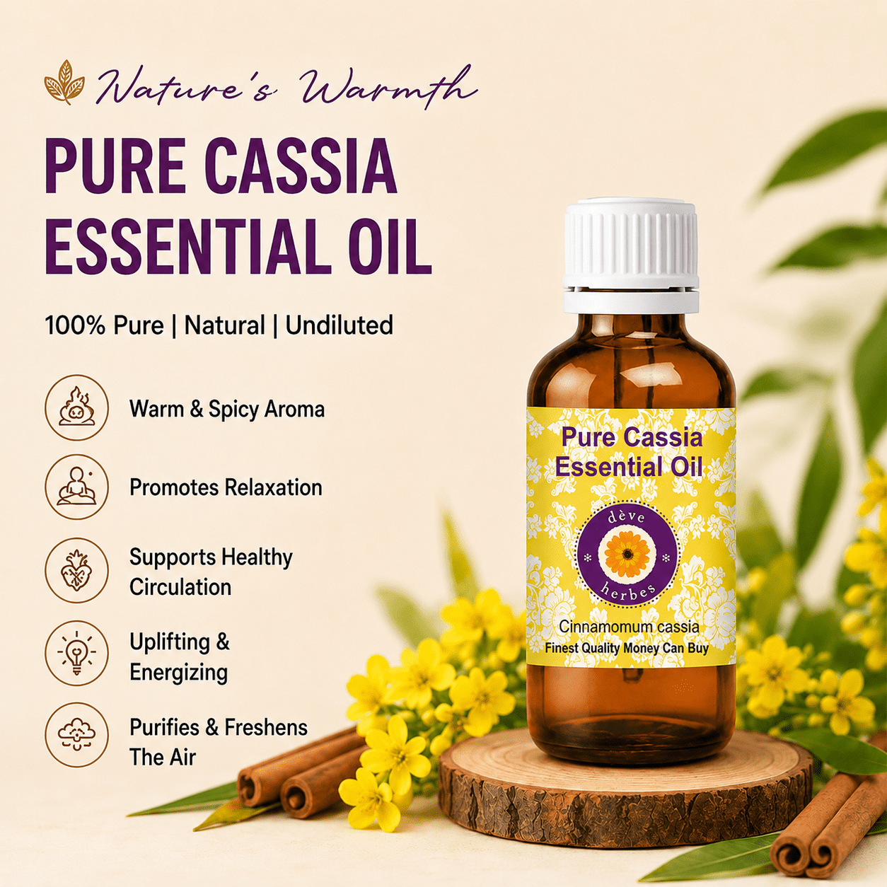 Deve Herbes Cassia Essential Oil (Cinnamomum Cassia) - 3.38 Fl Oz (100ml) - 100% Natural Cassia Oil for Massage, Warming Blends & Aromatherapy- without Dropper