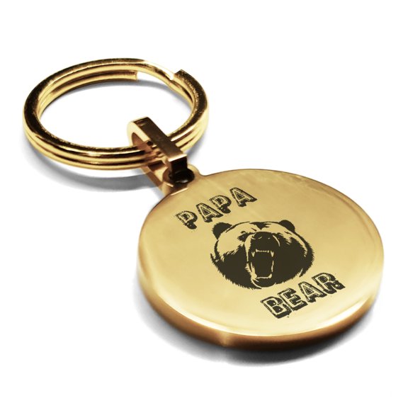 Stainless Steel Papa Bear Round Medallion Keychain Circle Ring