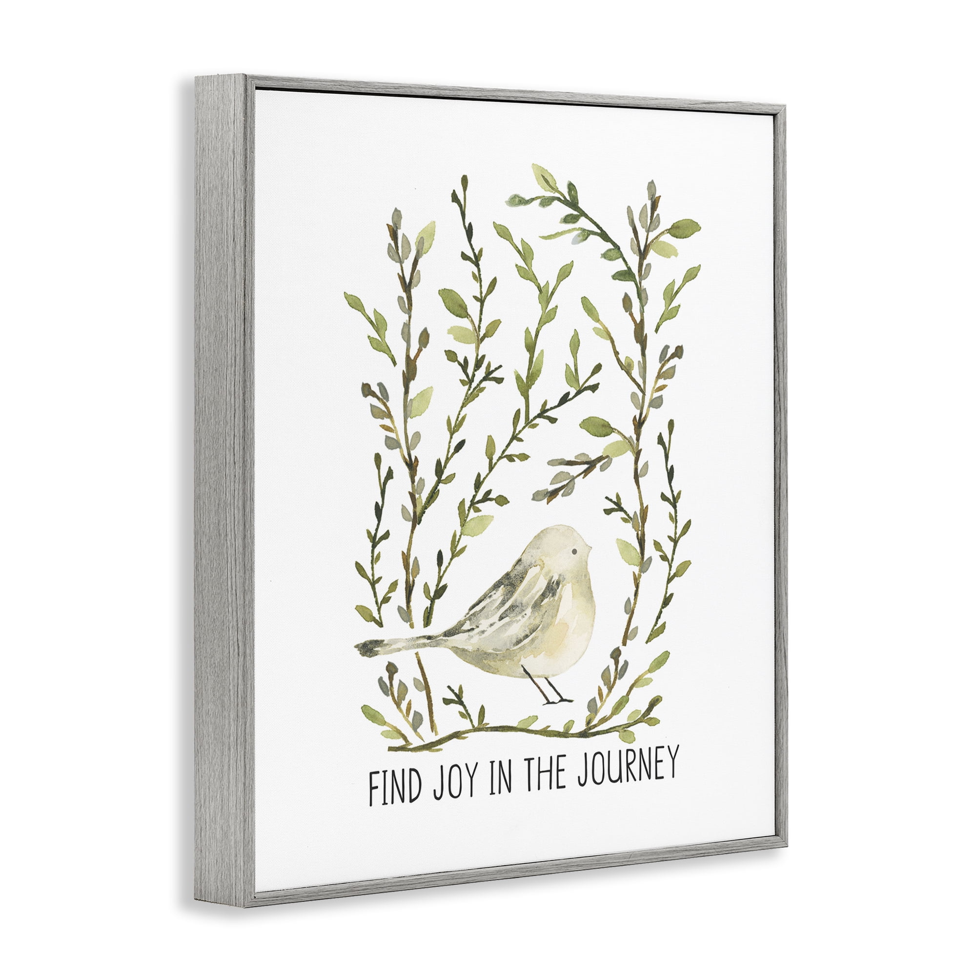 Stupell Industries Find Joy with Bird Botanical & Floral Painting Gray Framed Art Print Wall Art, 11 x 14