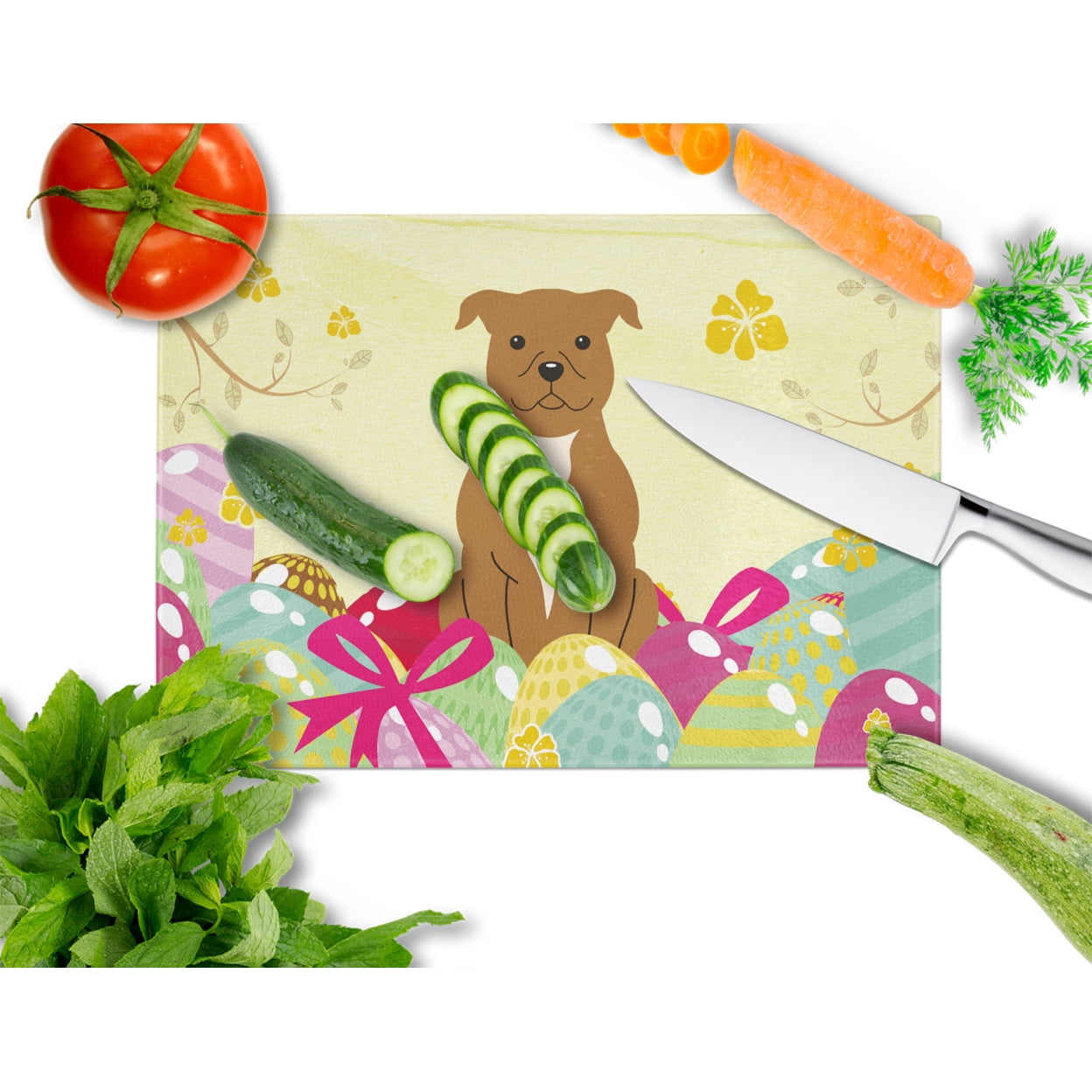 Carolines Treasures BB6047LCB Easter Eggs Staffordshire Bull Terrier Brown Glass Cutting Board Large, 12H x 16W,