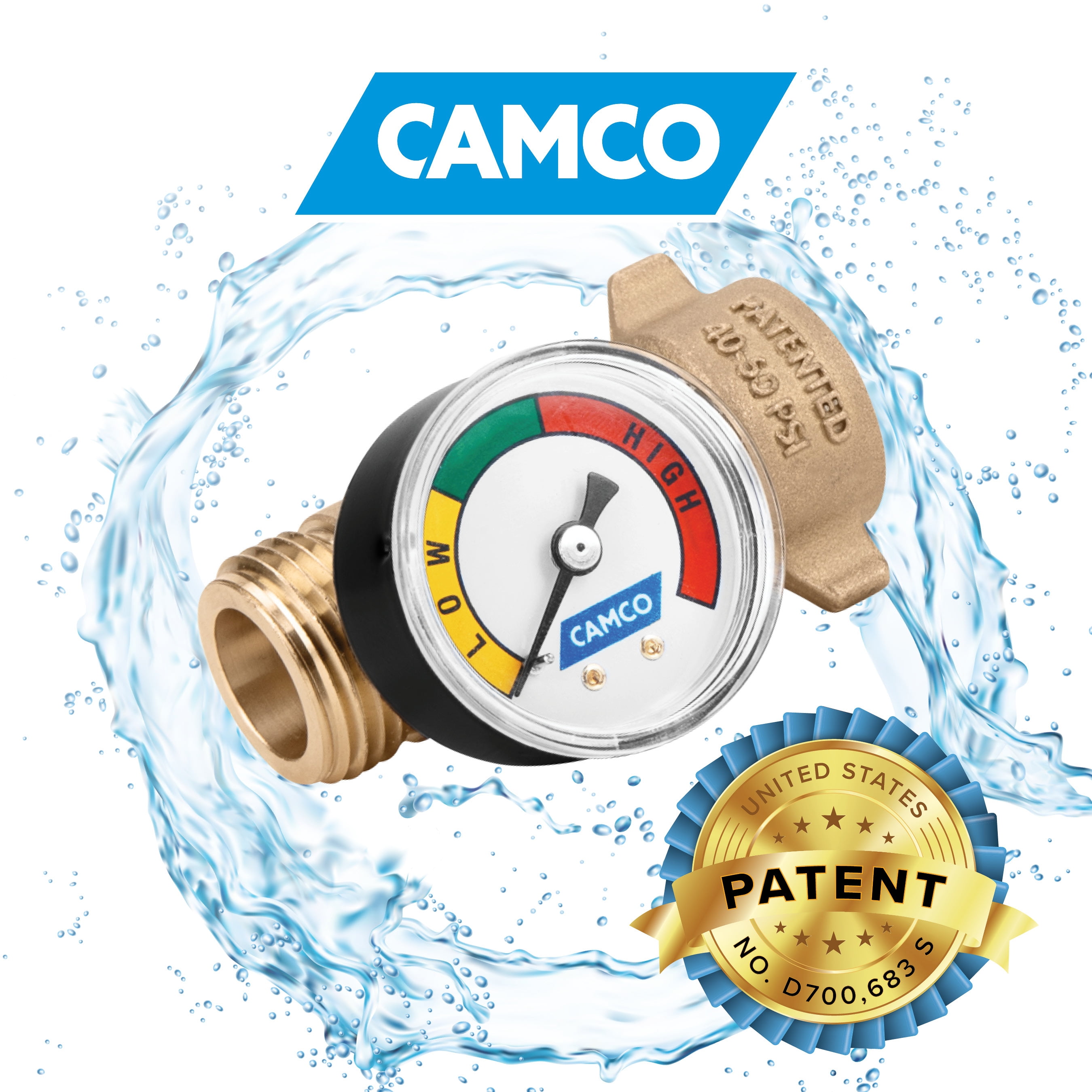 Camco RV Water Pressure Regulator with Gauge - Lead-Free Brass, Drinking Water Safe (40063)