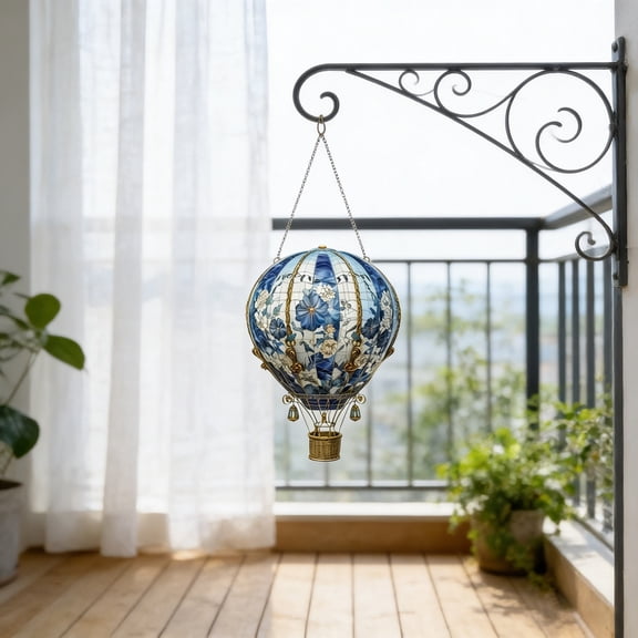 2D Solar Hot Air Balloon Pendant with Flickering Flame, Acrylic Outdoor Hanging Light for Garden Patio Porch Yard Party Decor