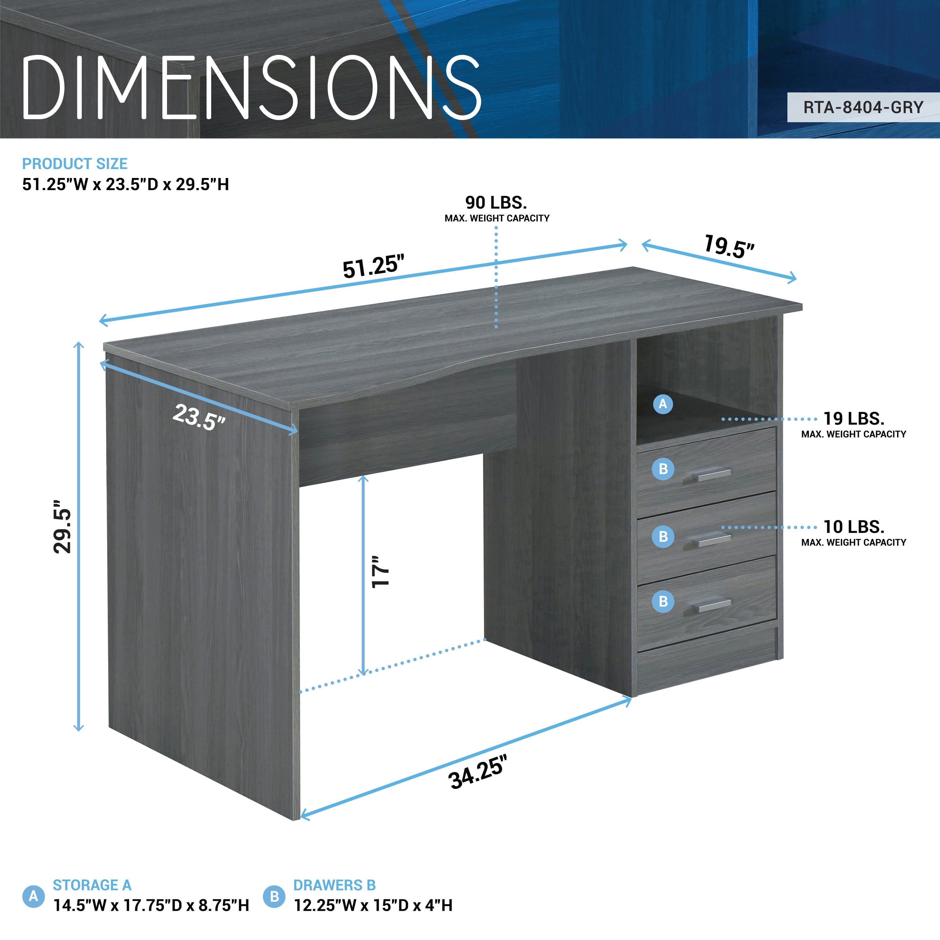 Techni Mobili Classic Computer Desk with Drawers, Grey