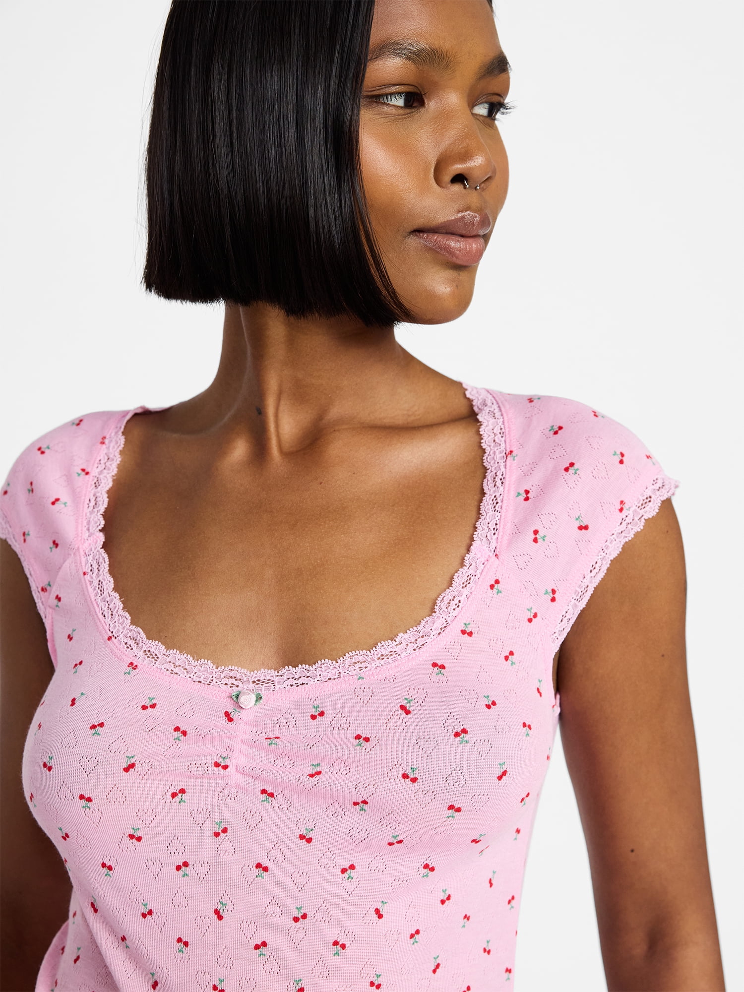 No Boundaries Sleep Pointelle Knit Baby Tee, Women’s XXS-3X