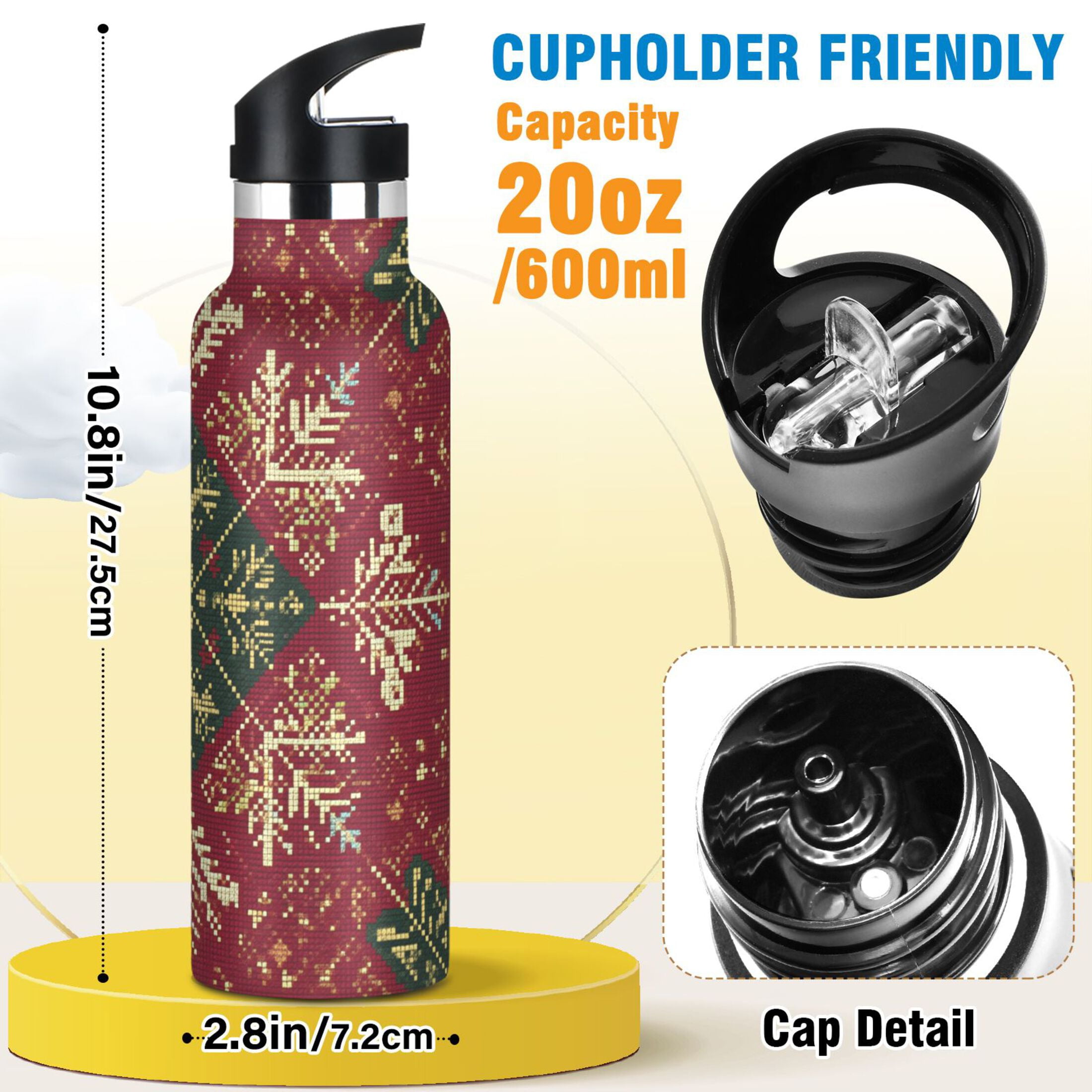 600ML Stainless Steel Insulated Cup Sports Water Bottle Portable Thermos Cup Water Glasses Insulated Tumblers Convenient and Durable Romantic Red Christmas