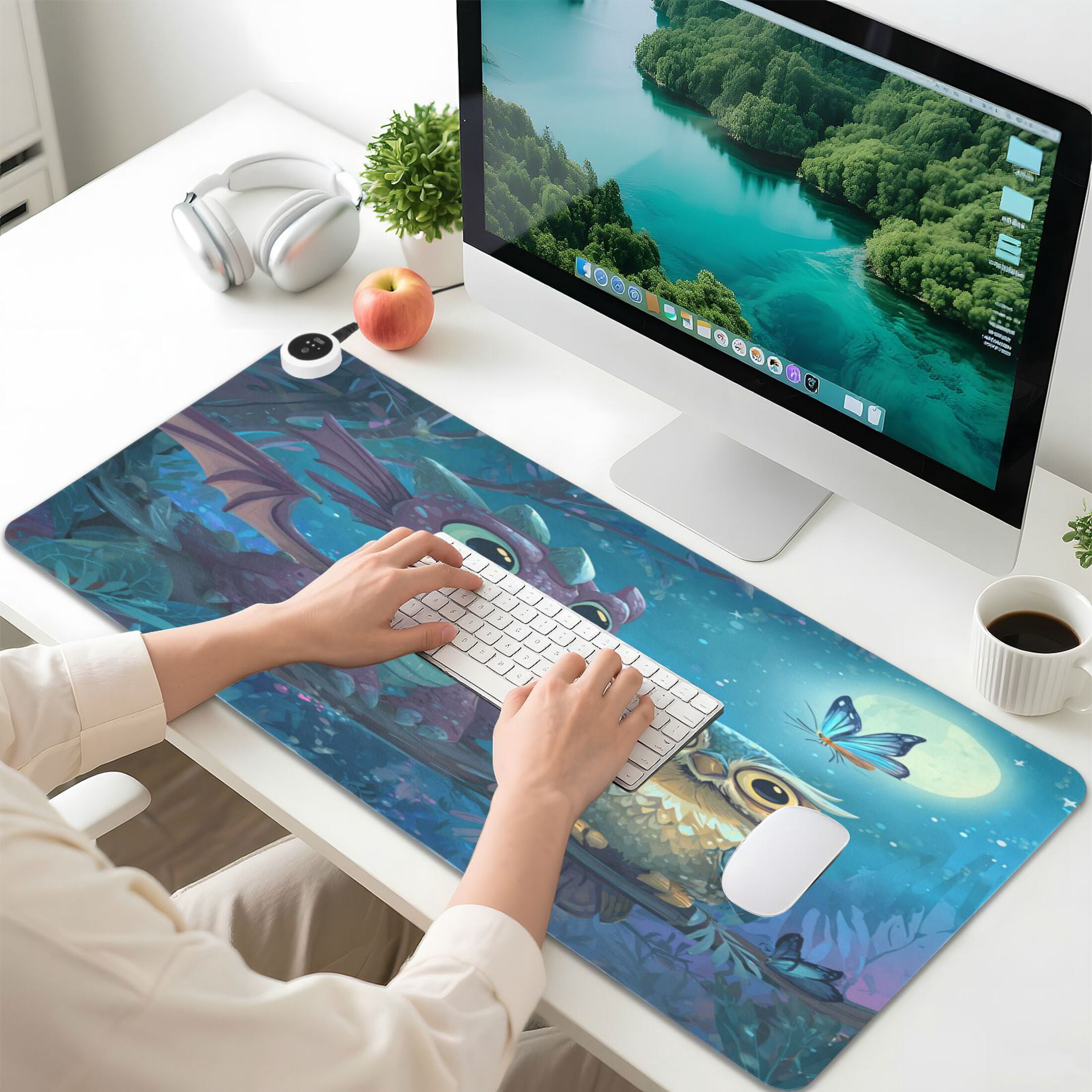 Wobogo Cute Dragon Owl Heated Mouse Pad Extra-Large Desk Mat With 3 Heating Levels and 3-hour Auto Shut-Off Protection Ideal for Computer Keyboards Home Office Hand-warming Essential 31.5in × 13in