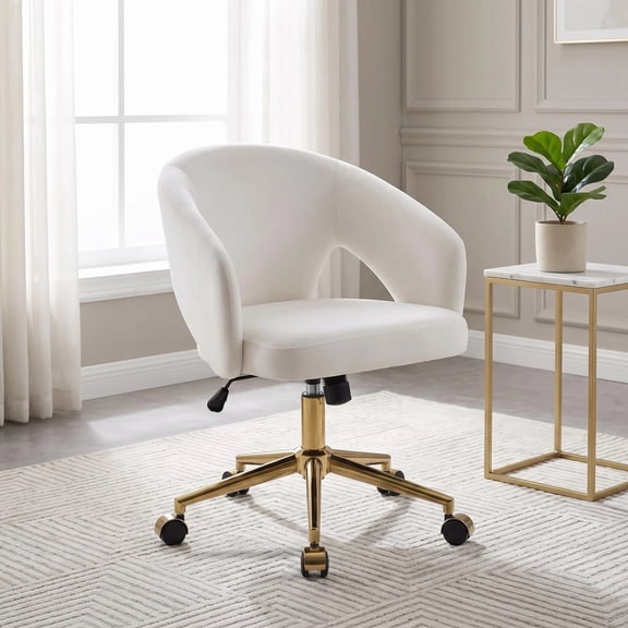 Harmie Ergonomic Office Chair, Velvet Swivel Desk Chair With Memory Foam Cushion, Lumbar Support, Armrests, White Gold Base
