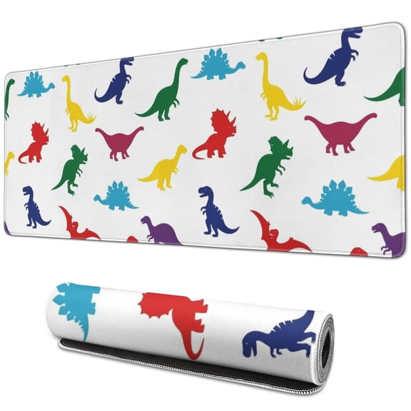 Long Mouse Pads for Desk,White Colorful Dinosaurs Silhouette Desk Mats on Top Of Desks, Desk Mouse Pad Extra Large with 3mm Non-Slip Base and Stitched Edge for Gaming,Work,Home 31.5"x11.8"