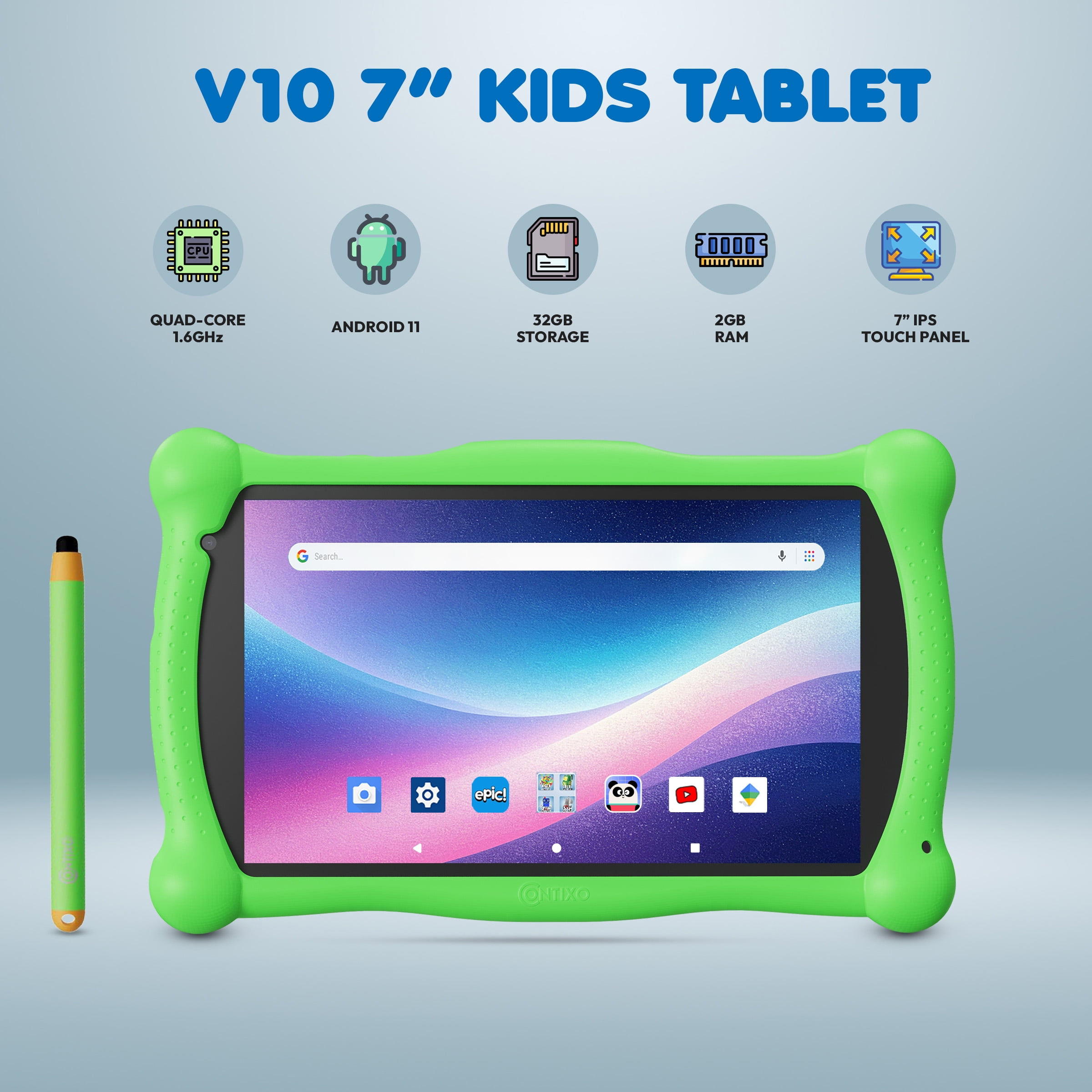 Contixo 7-Inch Kids Tablets, Educational Android Tablet with Stylus and Kickstand Case, 32GB, Ages 3-12, Green