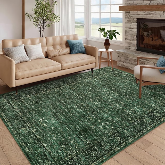 Washable Area Rugs for Living Room, 8x10 Floral Rugs Oriental Vintage Rugs Distressed Non Slip Stain Resistant Soft Low Pile Carpet for Bedroom Dining Room Nursery Kids Room, Green