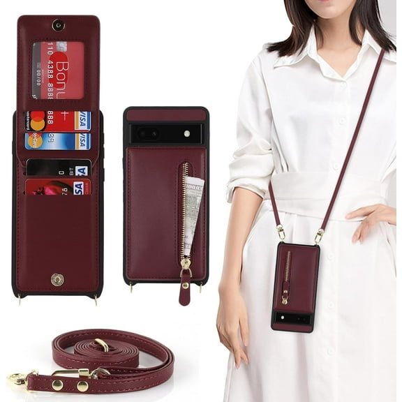 for Google Pixel 7a Case with Card Holder for Women,Pixel 7a Phone Case Wallet with Strap Credit Card Slots Crossbody with Kickstand Zipper Shockproof Case for Pixel 7a - Red Wine
