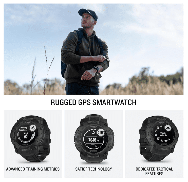 Garmin Instinct 3 Tactical Edition, Solar Charging Display, 50mm, Rugged Outdoor GPS Smartwatch with Wearable4U White EarBuds Bundle