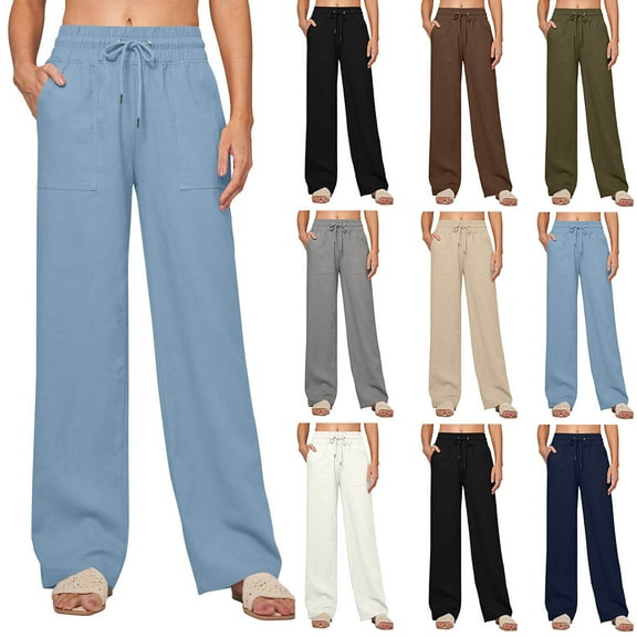 Black Linen Pants for Women, Fashion Women's Solid Color Stretch Waist Strap Drawstring Pocket Button Pants Long Pants Women High Waisted Pants (Blue,S)