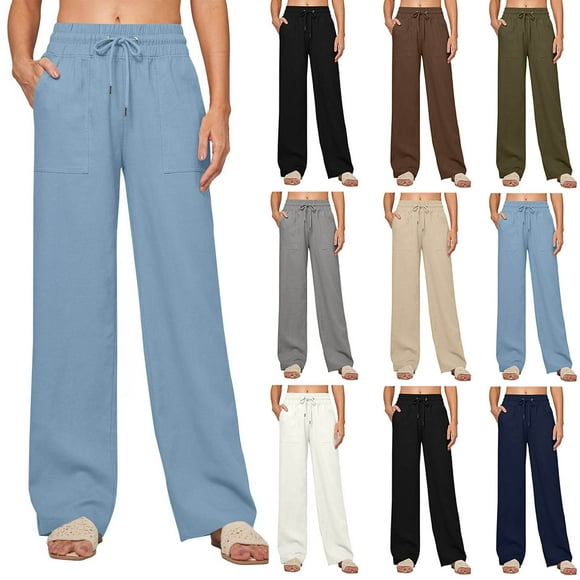 QATAINLAV Women's Wide Leg Casual Pants Lightweight Drawstring Elastic Waist Linen Palazzo Trousers Loungewear with Pockets White M Gifts for Girls