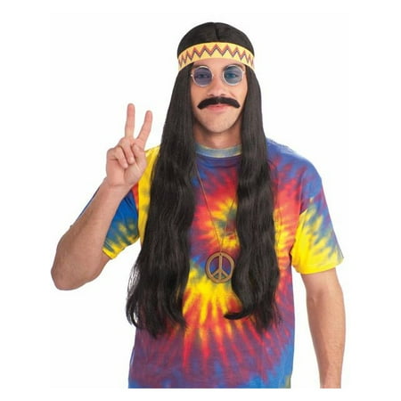Unisex Hippy Black Wig with Detachable Headband for Adults