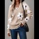 thumbnail image 5 of Suéteres para Mujer, Otoño, Bloque de Color, Acanalado, Volantes, Cuello en V, Corte Holgado, Suéter de Punto Y2k, Lindos Suéteres, Tops. Caqui L, 5 of 9