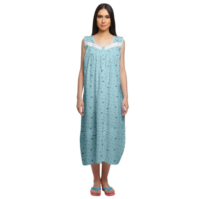 Moomaya Printed Womens Button Placket Mid Long Nightdress Cotton Night Gown