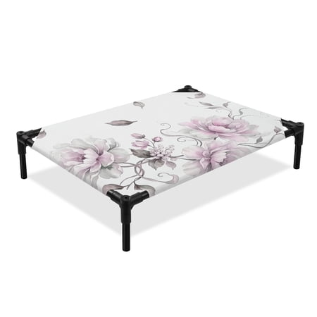 Pink Peonies Elevated Dog Bed Romantic Floral Blossoms Buds Leaf Rustic Cooling Breathable Outdoor Raised Dog Cot Bed with Metal Frame Non-Slip Feet for Large Dog 28x22in