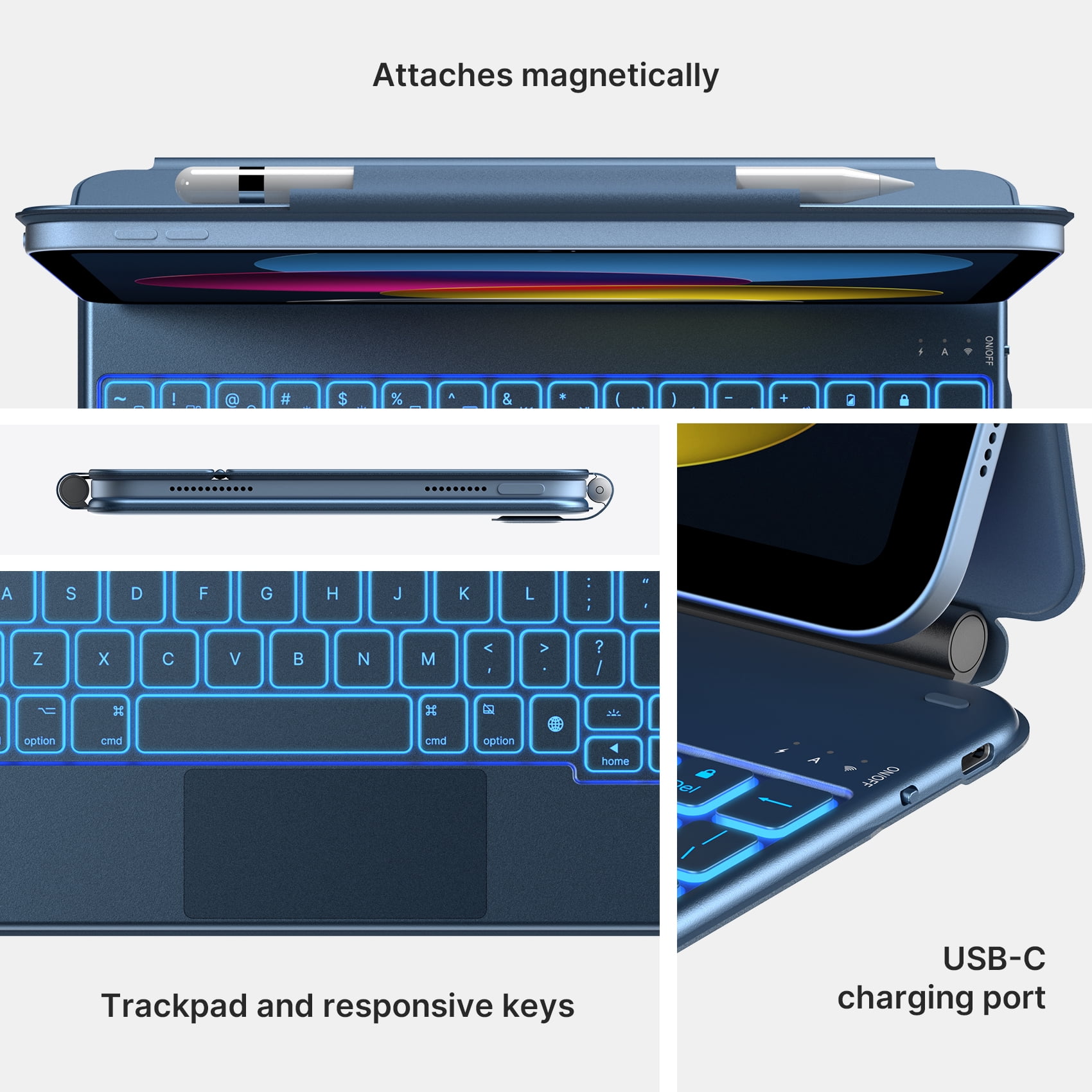 typecase Keyboard for iPad 11th Gen(A16, 2025) & iPad 10th Gen (10.9", 2022) - 11 Colors Backlit, Thin, Multi-Touch Trackpad, Magnetic, Pencil Holder - Pacific Blue